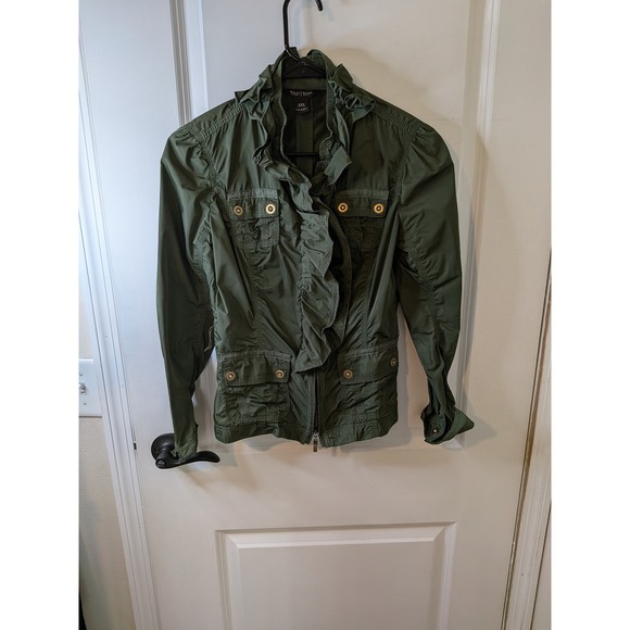 White House Black Market Jackets & Blazers - White House Black Market Olive Green Ruffle Utility Jacket XXS Crystal Buttons‎